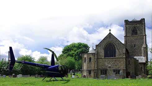 Helicopter at a church for a wedding